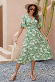 Green Printed V Neck Summer Dress