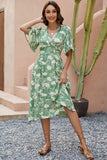 Green Printed V Neck Summer Dress