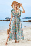 Green Puff Sleeve Printed Summer Dress With Slit