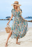 Green Puff Sleeve Printed Summer Dress With Slit