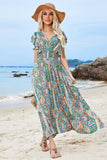 Green Puff Sleeve Printed Summer Dress With Slit