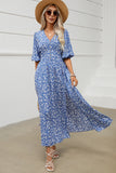 Blue Floral V Neck Long Summer Dress With Slit