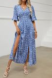 Blue Floral V Neck Long Summer Dress With Slit