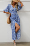 Blue Floral V Neck Long Summer Dress With Slit