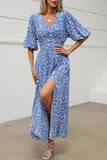 Blue Floral V Neck Long Summer Dress With Slit