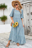 Grey Blue A Line Long Floral Summer Dress