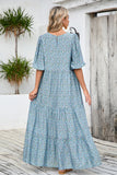 Grey Blue A Line Long Floral Summer Dress