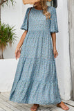 Grey Blue A Line Long Floral Summer Dress
