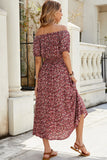 Off The Shoulder Burgundy Floral Long Summer Dress