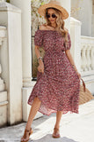 Off The Shoulder Burgundy Floral Long Summer Dress