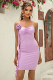 Bodycon Lilac Satin Cocktail Dress With 3D Flower