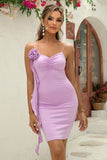 Bodycon Lilac Satin Cocktail Dress With 3D Flower