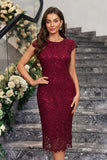 Burgundy Sheath Round Neck Lace Mother of the Bride Dress