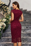 Burgundy Sheath Round Neck Lace Mother of the Bride Dress