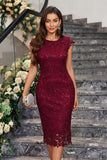 Burgundy Sheath Round Neck Lace Mother of the Bride Dress