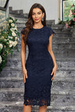 Burgundy Sheath Round Neck Lace Mother of the Bride Dress