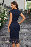 Burgundy Sheath Round Neck Lace Mother of the Bride Dress