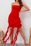Bodycon Red Satin Ruffled Cocktail Dress