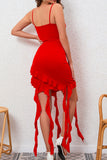 Bodycon Red Satin Ruffled Cocktail Dress