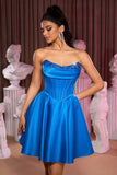 Strapless Corset A Line Royal Blue Cocktail Dress With Beading