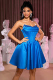Strapless Corset A Line Royal Blue Cocktail Dress With Beading