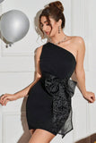 One Shoulder Bodycon Black Cocktail Dress With Bow