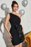 One Shoulder Bodycon Black Cocktail Dress With Bow