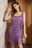 Purple Scoop Neck Satin Short Homecoming Dress with Fringes