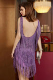 Purple Scoop Neck Satin Short Homecoming Dress with Fringes