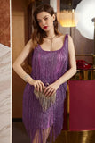 Purple Scoop Neck Satin Short Homecoming Dress with Fringes