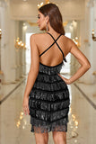 Black Sparkly Spaghetti Straps Short Homecoming Dress with Fringes