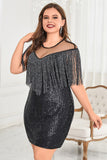 Black Illusion Neck Sequins Sparkly Short Plus Size Homecoming Dress with Fringes