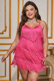 Hot Pink Sparkly Spaghetti Straps Short Plus Size Homecoming Dress with Fringes