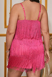 Hot Pink Sparkly Spaghetti Straps Short Plus Size Homecoming Dress with Fringes