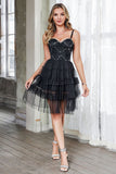 Black Tulle Tiered Spaghetti Straps Short Homecoming Dress with Beading