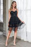 Black Tulle Tiered Spaghetti Straps Short Homecoming Dress with Beading