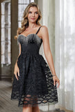 Black Fringed A Line Short Homecoming Dress with Tulle