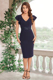 Dark Navy Ruffled Bodycon Satin Long Homecoming Dress