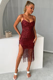 Burgundy Sparkly Sequins Short Homecoming Dress with Fringes