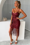 Burgundy Sparkly Sequins Short Homecoming Dress with Fringes