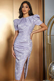 Lavender Floral Satin Puff Sleeves Long Cocktail Dress with Slit