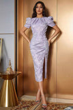 Lavender Floral Satin Puff Sleeves Long Cocktail Dress with Slit