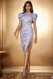 Lavender Floral Satin Puff Sleeves Long Cocktail Dress with Slit