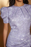 Lavender Floral Satin Puff Sleeves Long Cocktail Dress with Slit