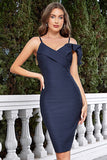Navy Ruffled Bodycon Spaghetti Straps Short Cocktail Dress