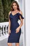 Navy Ruffled Bodycon Spaghetti Straps Short Cocktail Dress