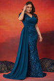 Sparky Blue Mermaid Plus Size Long Mother of the Bride Dress