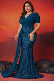 Sparky Blue Mermaid Plus Size Long Mother of the Bride Dress
