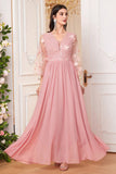 Blush Pink A Line Long Mother Of The Bride Dress With Flowers