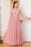 Blush Pink A Line Long Mother Of The Bride Dress With Flowers